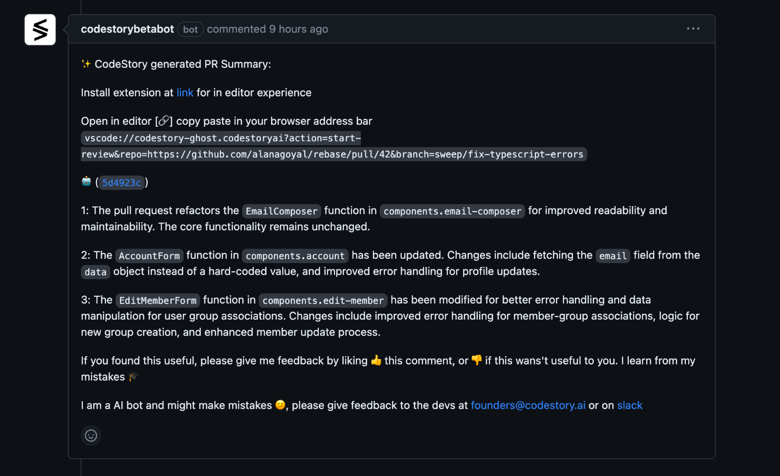 CodeStory bot drafting a GitHub pull request description
