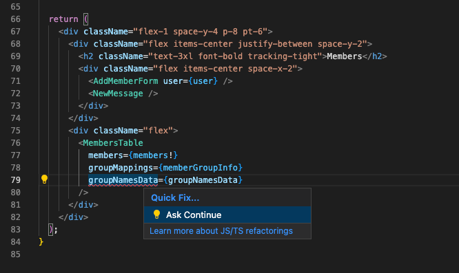 Continue quick fix menu in Visual Studio Code