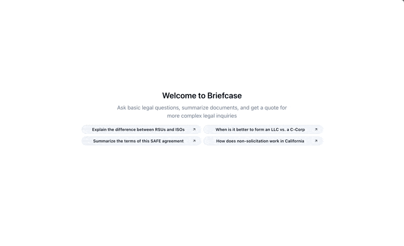 Briefcase legal AI welcome screen