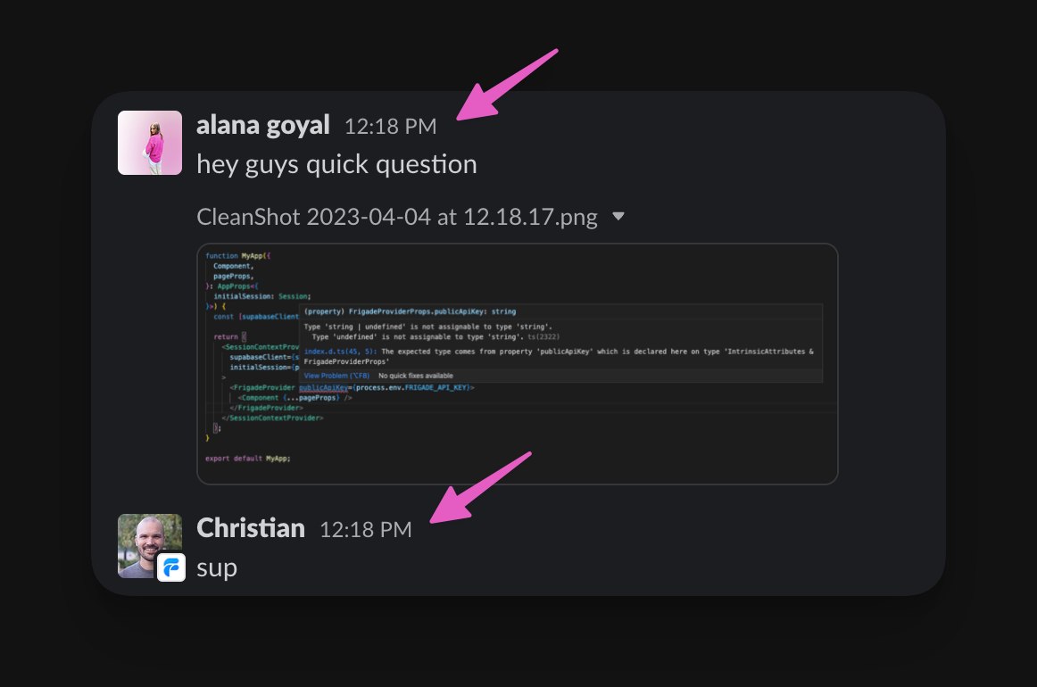 Frigade onboarding code shared in Slack