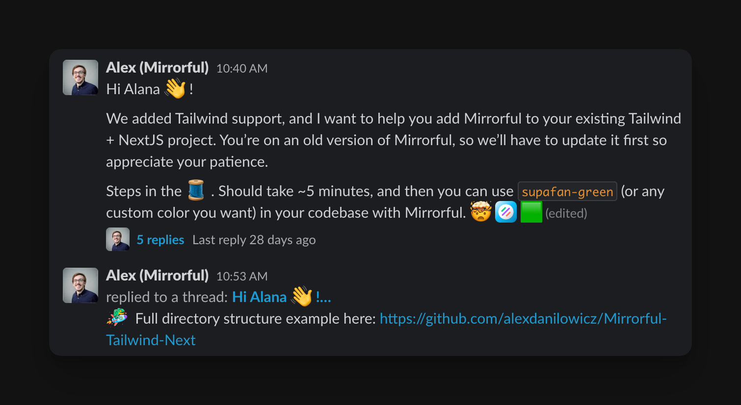 Slack conversation about Mirrorful