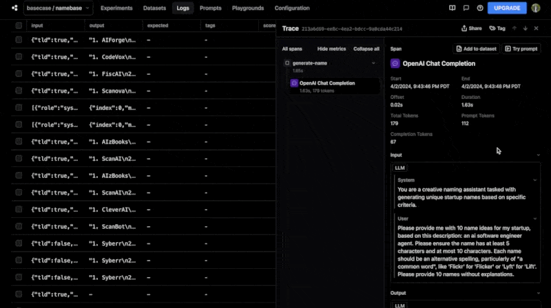 Braintrust dashboard