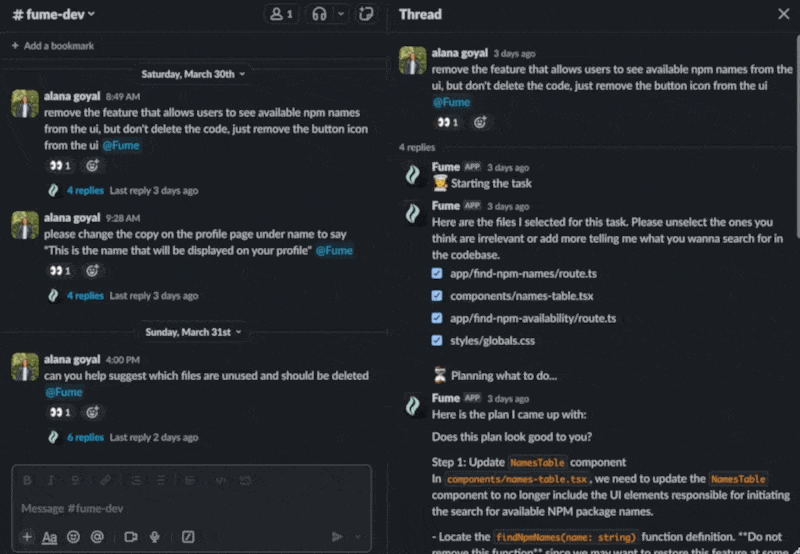 Fume code agent responding in Slack