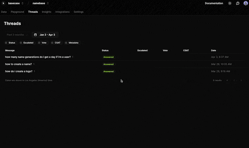 Markprompt console threads dashboard