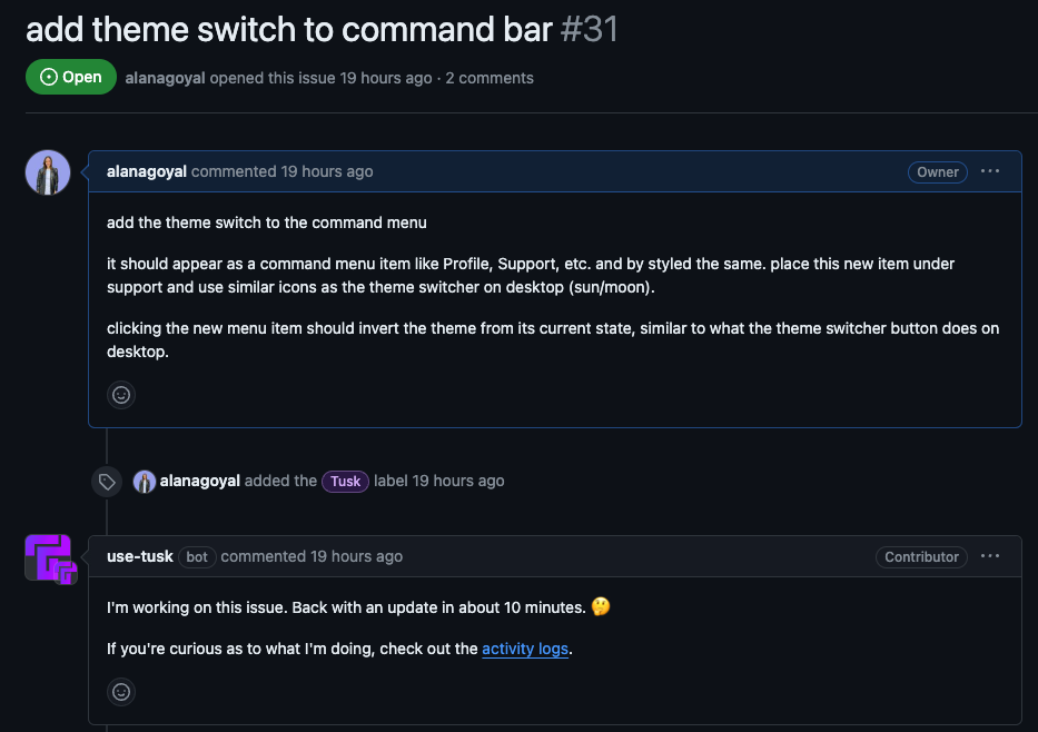 Tusk pull request activity in GitHub