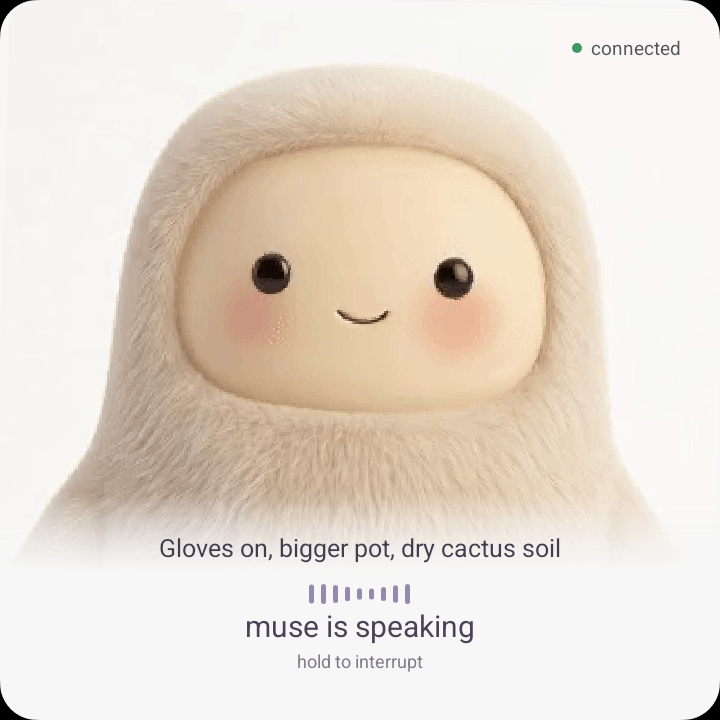 Muse with a short answer caption about repotting a cactus