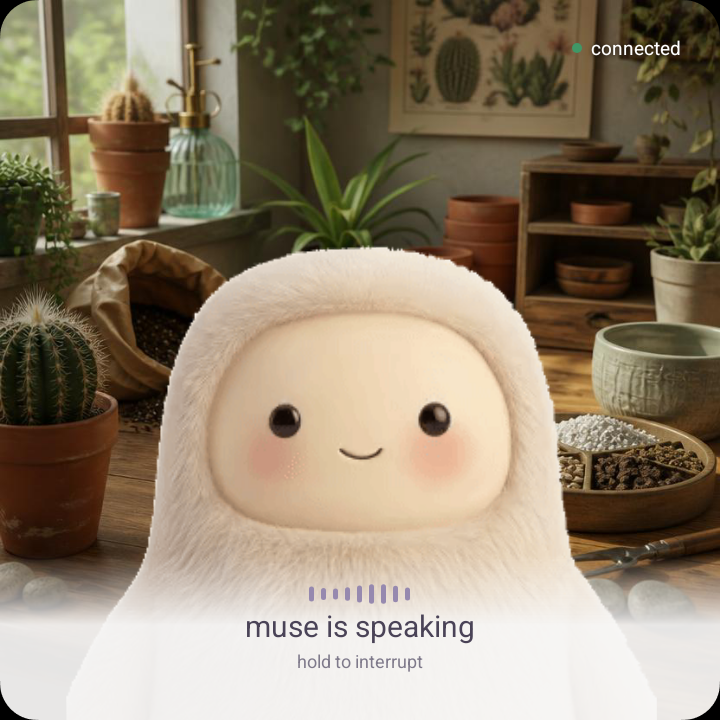 Muse speaking in front of a potting bench surrounded by cactus plants